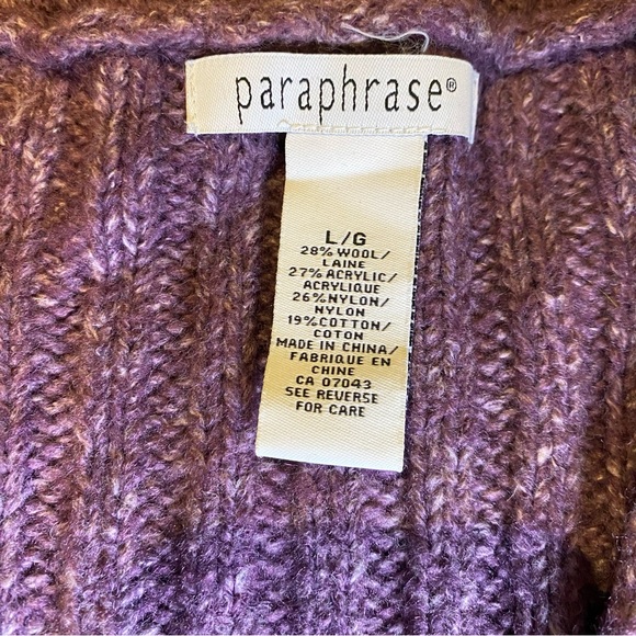NWOT Paraphrase Purple V-Neck Cableknit Wool Sweater Size Large - Picture 5 of 7
